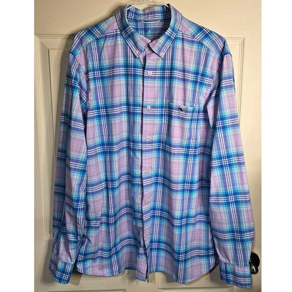 Vineyard Vines Mens Classic Fit Madras Plaid Shirt - Pink and Blue Sz L - Picture 1 of 6